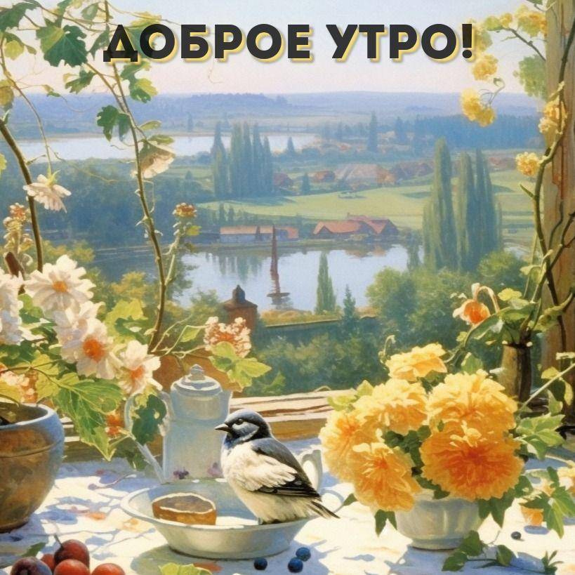 Цветы в вазах на фоне утреннего пейзажа