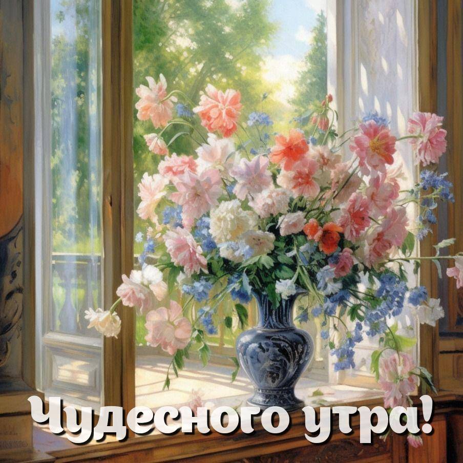 Цветы в вазе на подоконнике, солнечный свет.
