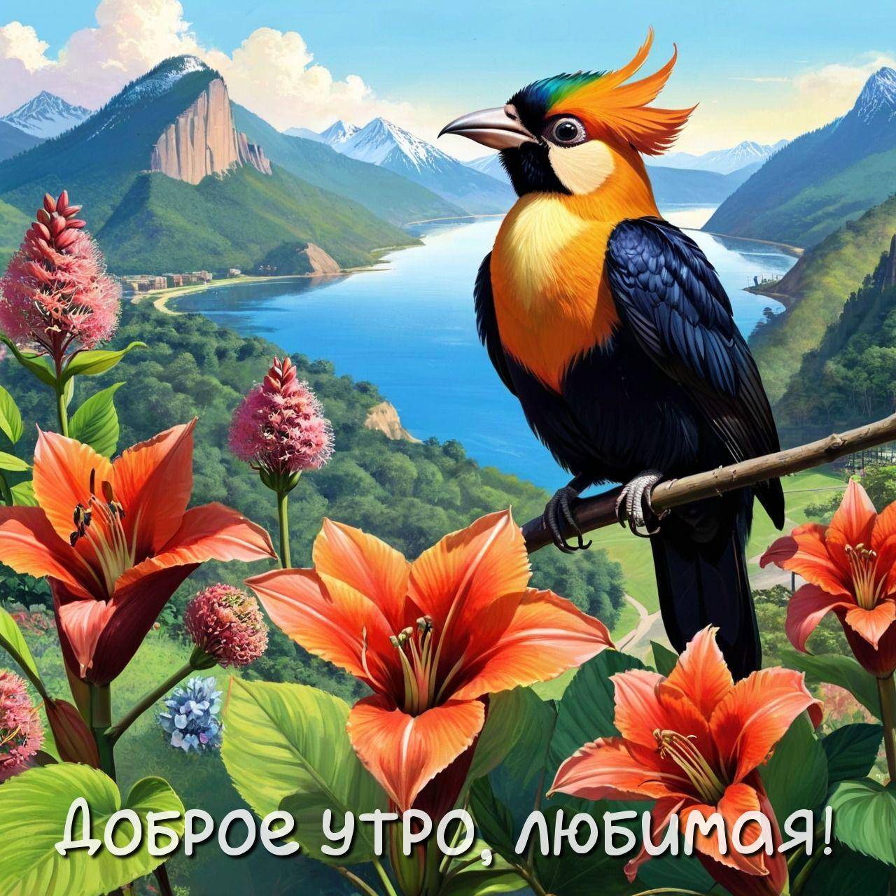 Цветная птица на ветке, живописный пейзаж