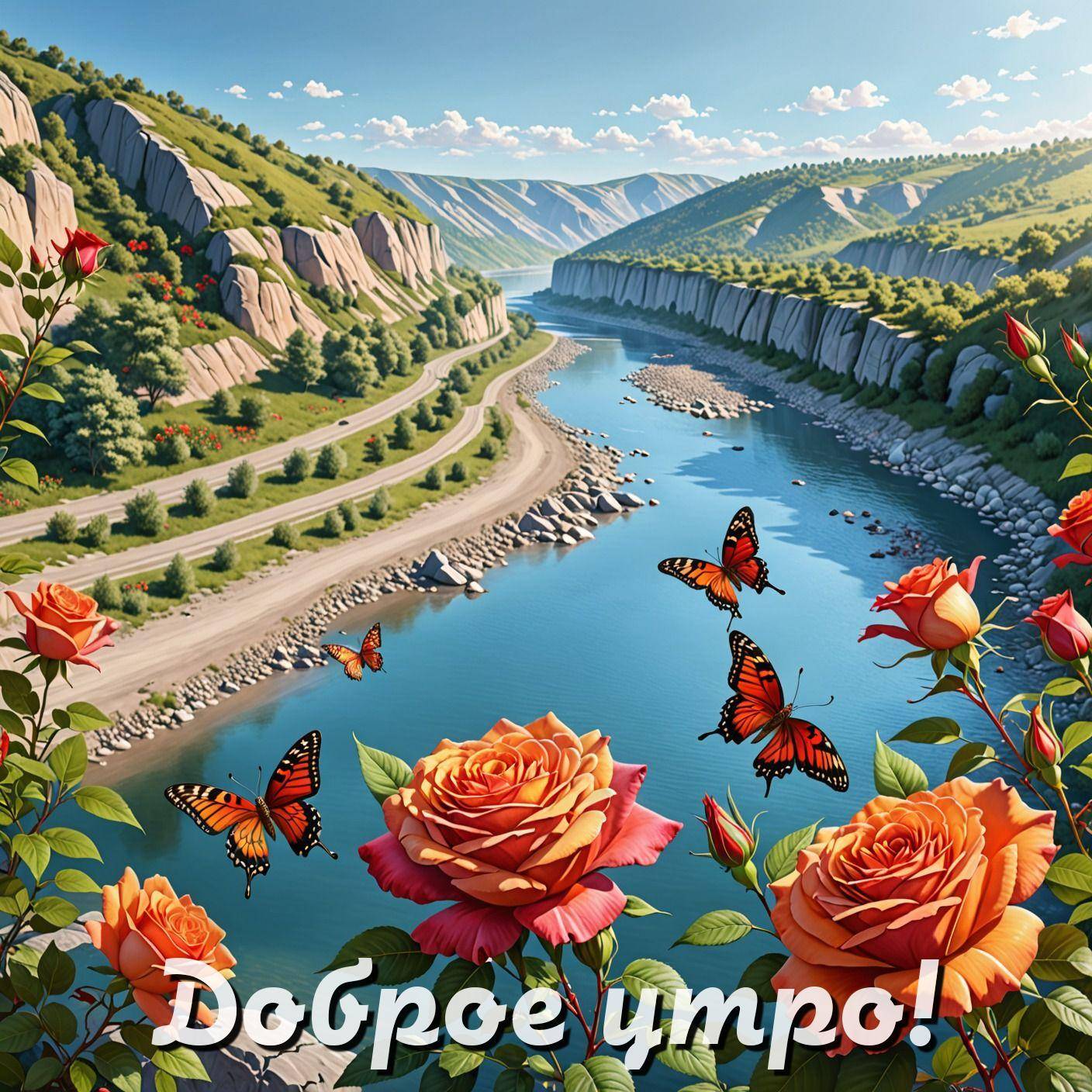Цветущие розы и бабочки на фоне реки