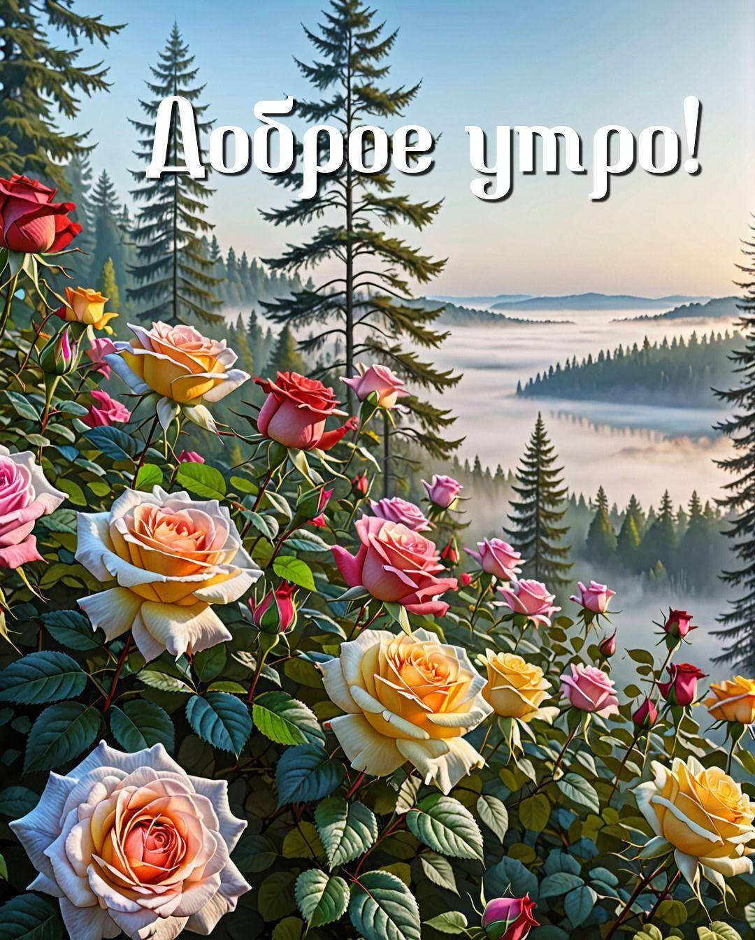 Цветущие розы и пейзаж с соснами и долиной