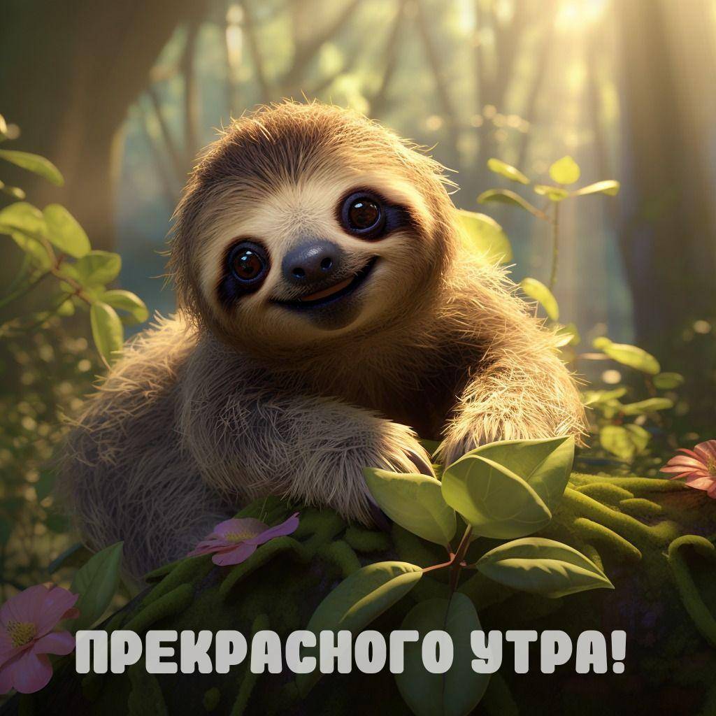 Улыбающийся ленивец среди зелёных растений