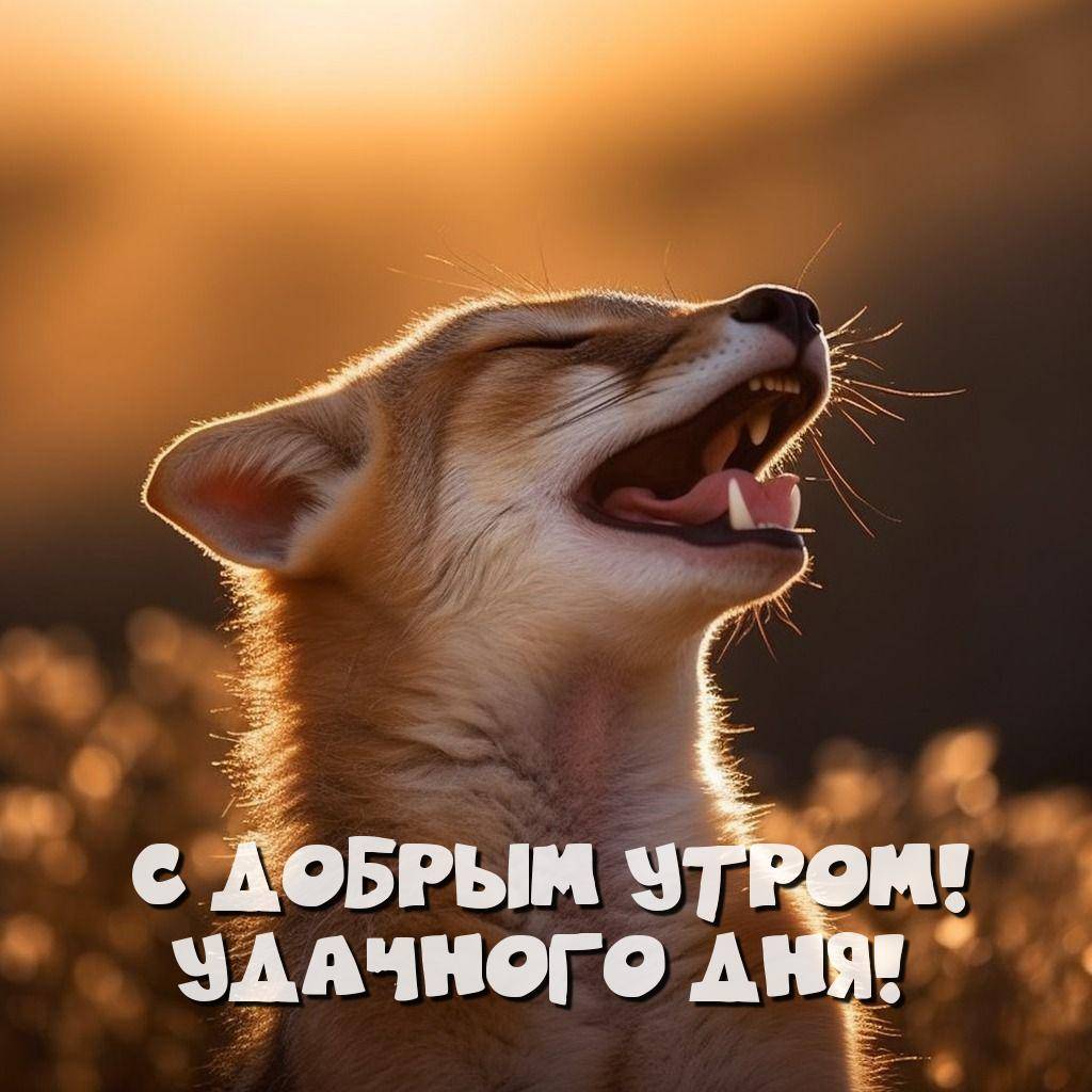 Улыбающийся лисенок на фоне рассвета