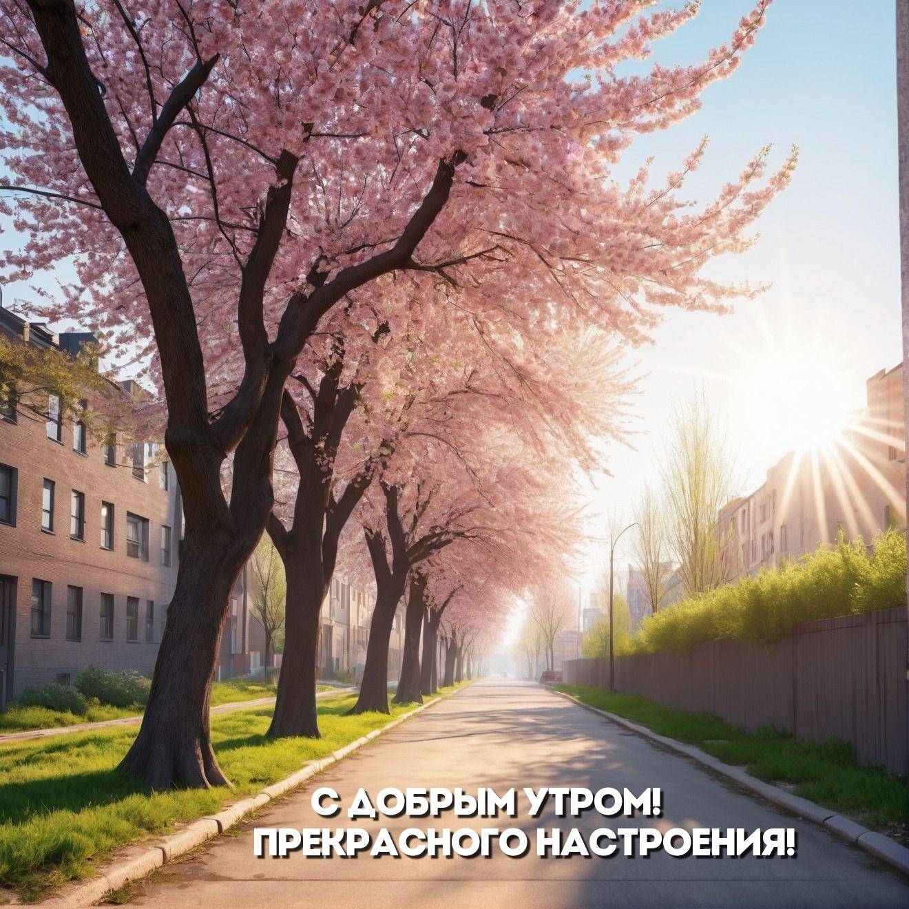 Улица с рядами деревьев, цветущими розовыми цветами.