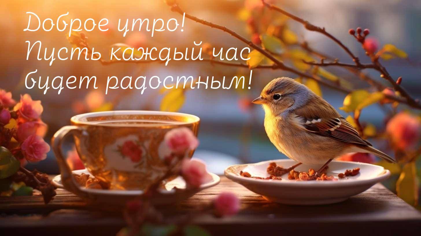 Утреннее солнце на цветущих ветках и пташка с кофе