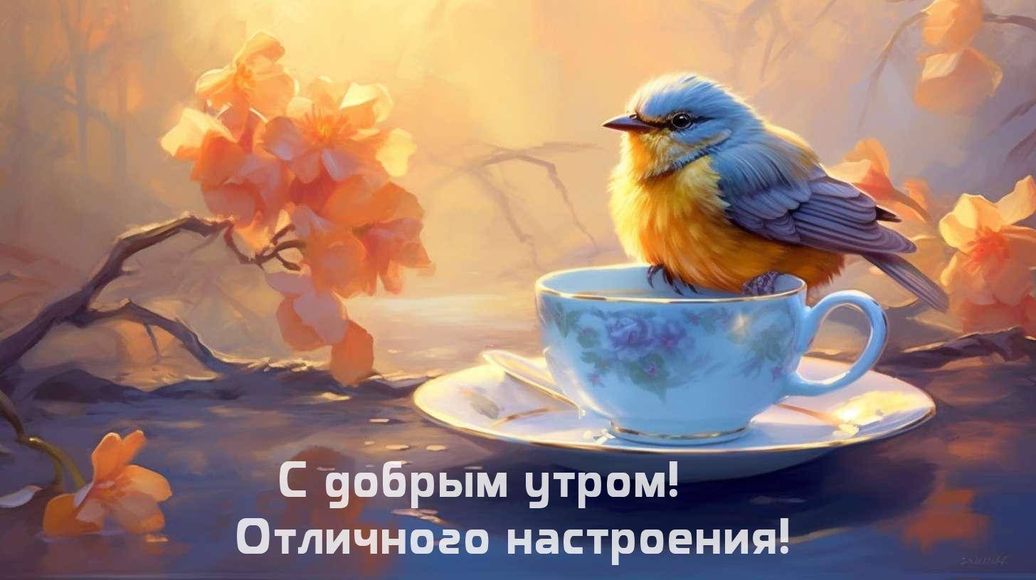 Утреннее солнце, цветы и птичка на чашке чая.
