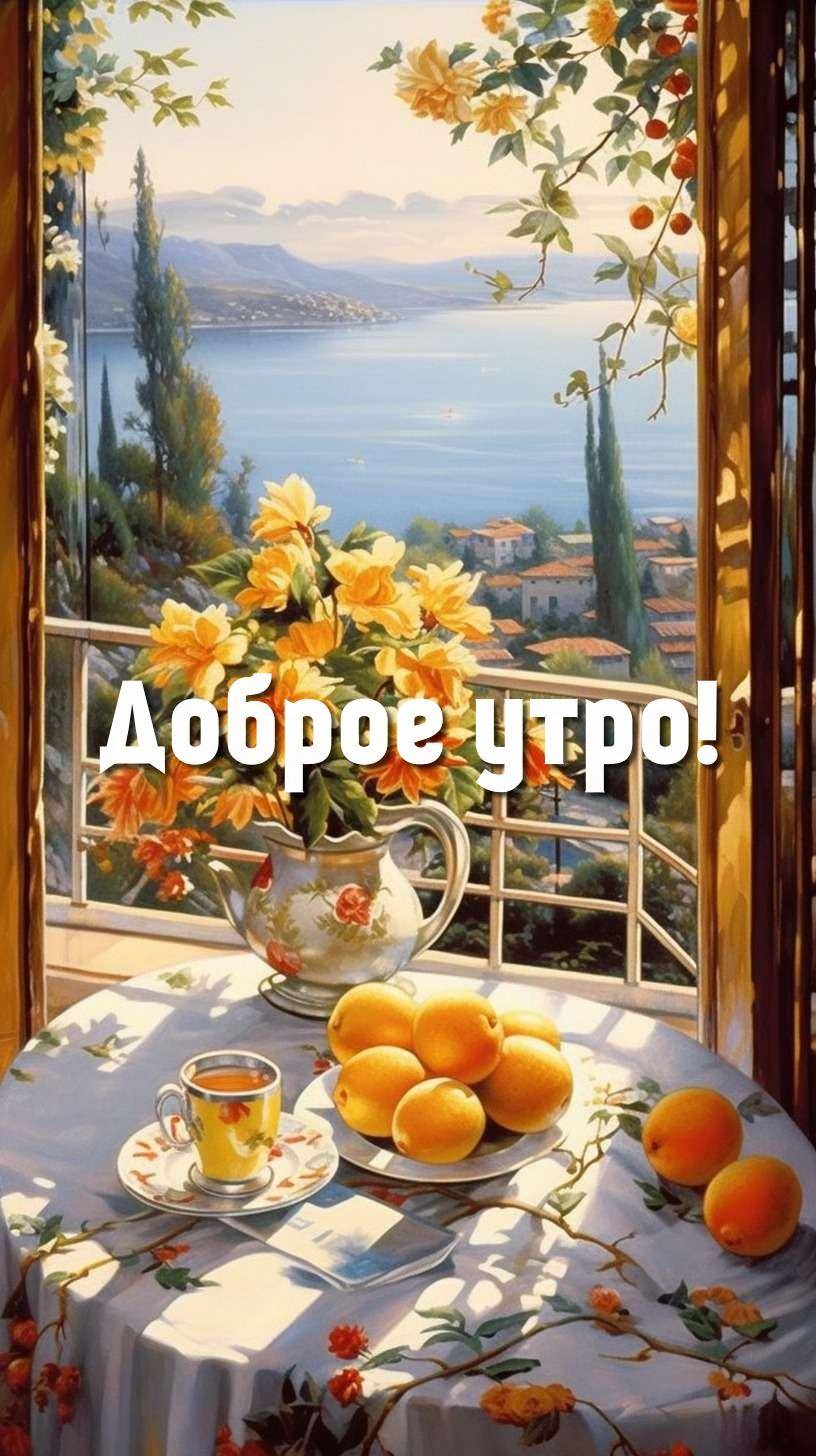 Утренний свет, открытое окно, стол с цветами и фруктами.
