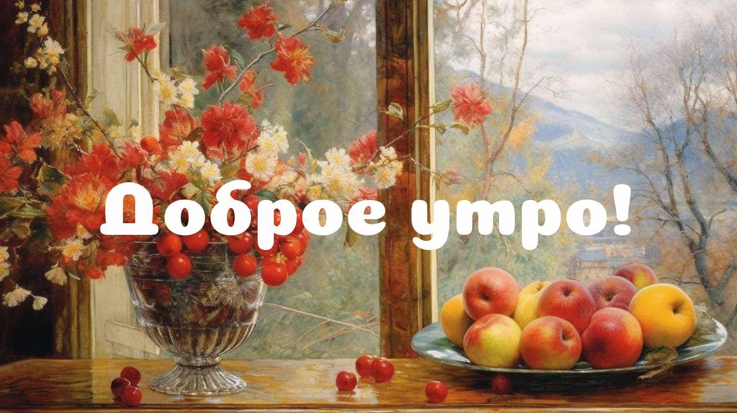 Утренний свет озаряет букет цветов и плоды на столе.