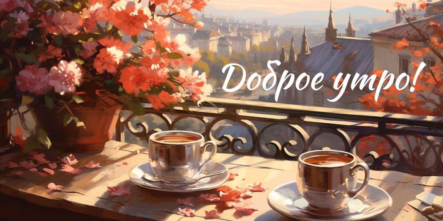Утренний свет озаряет город, чай и цветы на балконе.