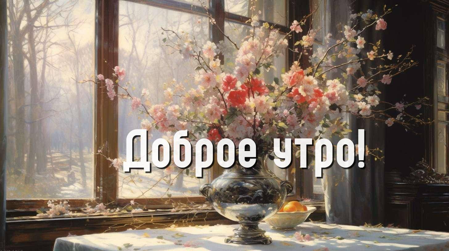Утренний свет, цветы в вазе, снежный лес.