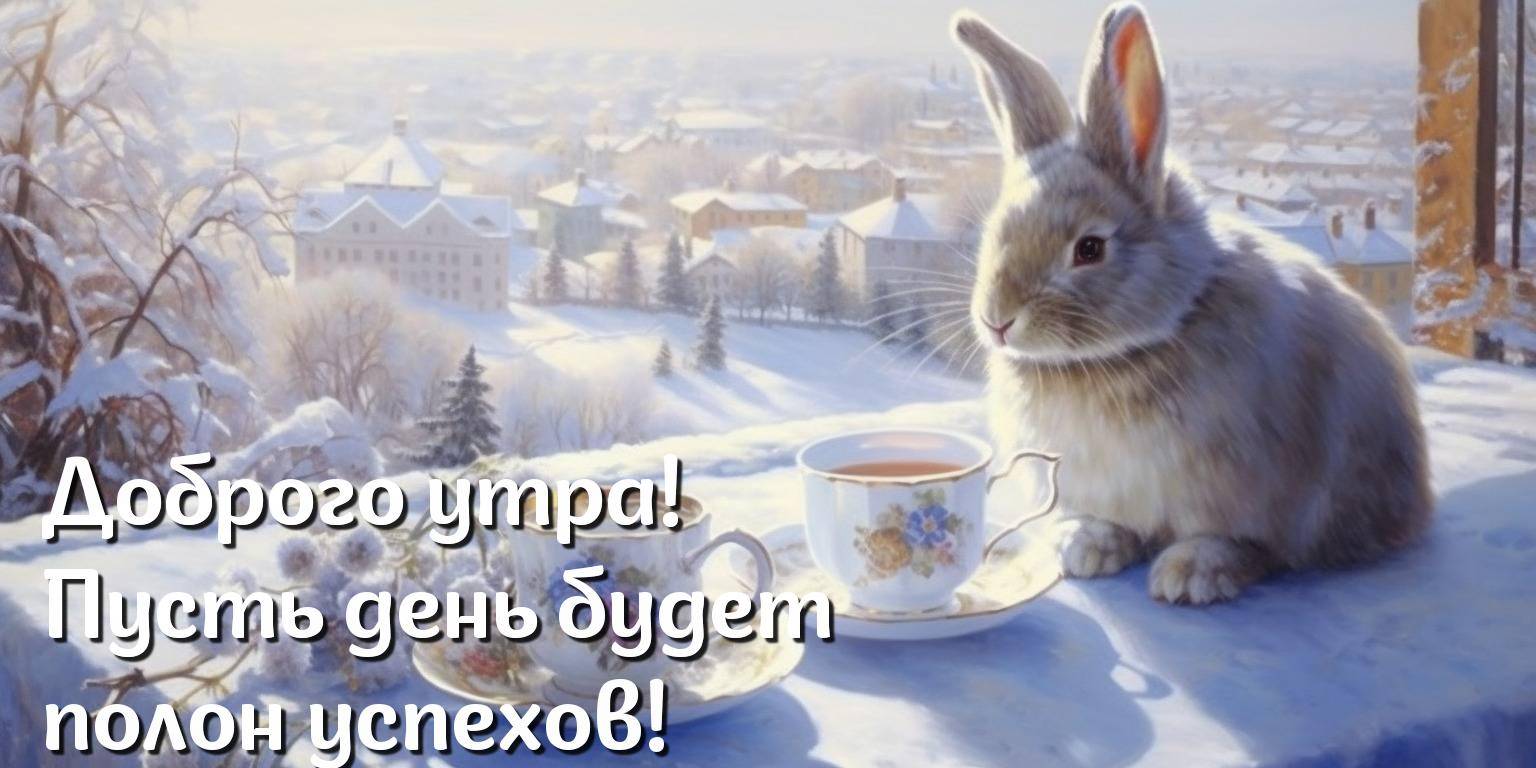 Утренний зайчонок наслаждается теплым чаем среди снега
