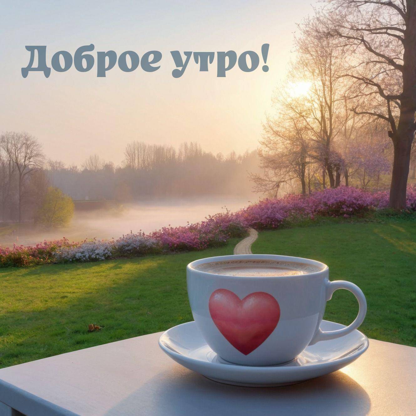 Утренняя сцена с чашкой, красное сердце на чашке.