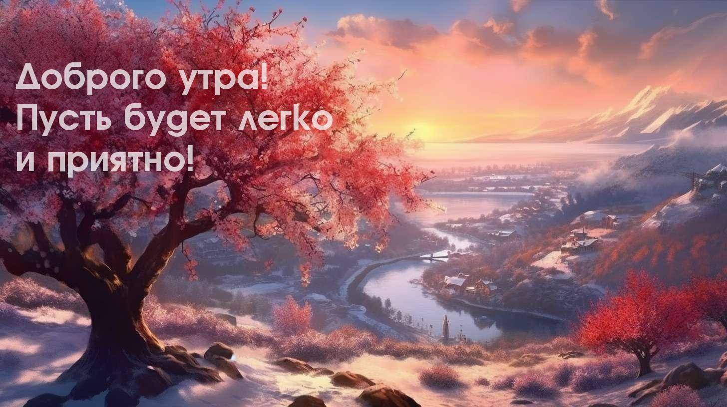 Утро в заснеженной долине с розовыми сакурами