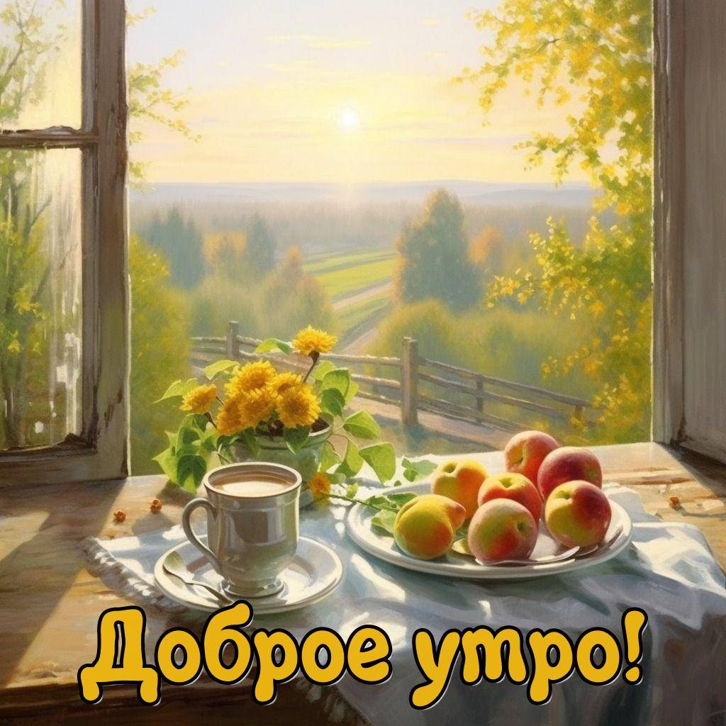 Утро, вид из окна с напитком и яблоками