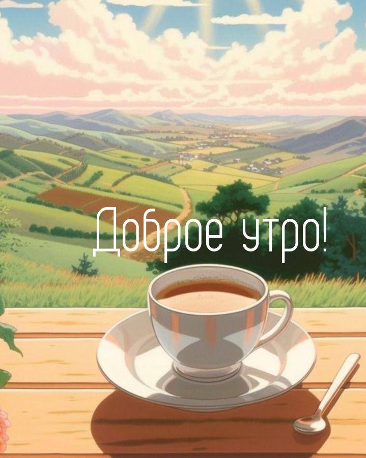 Уютная сцена с чаем на столе на фоне холмов