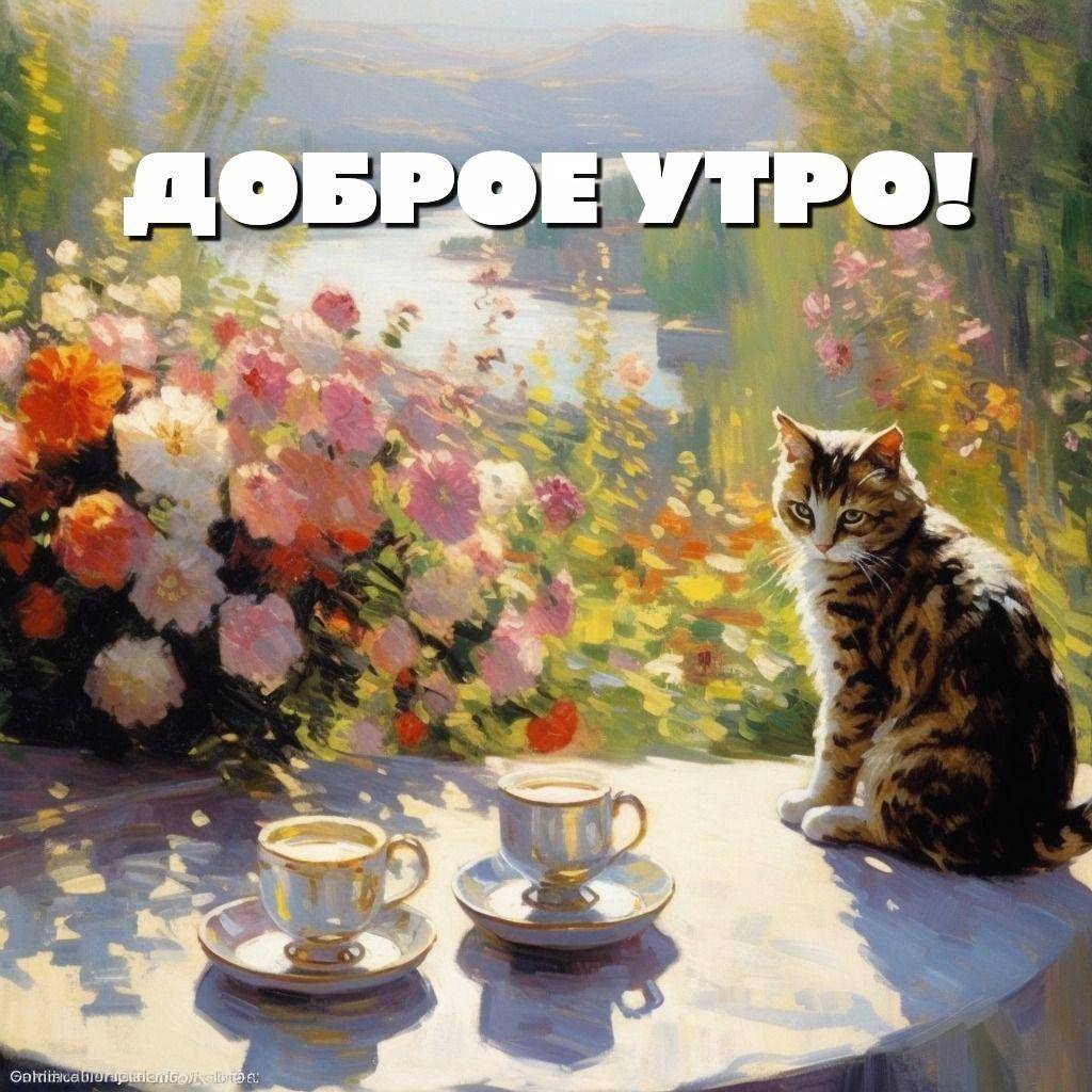 Уютная сцена с кофе и цветами, кошка на переднем плане