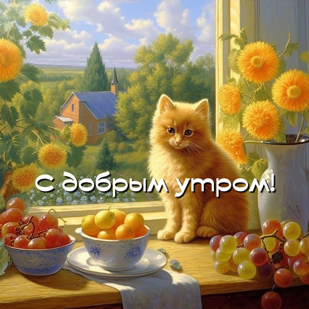 Уютная сцена с котенком, фруктами и пейзажем