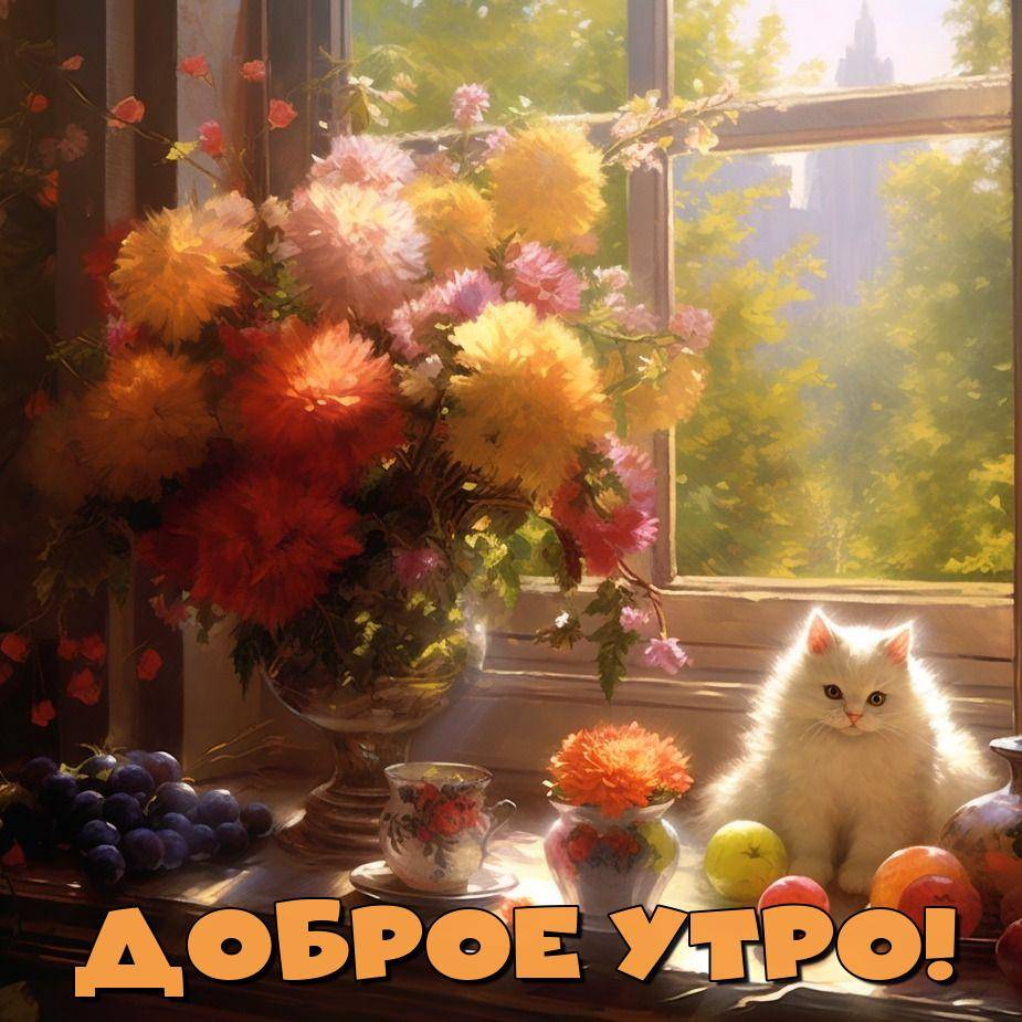 Уютная сцена с цветами, котом и фруктами