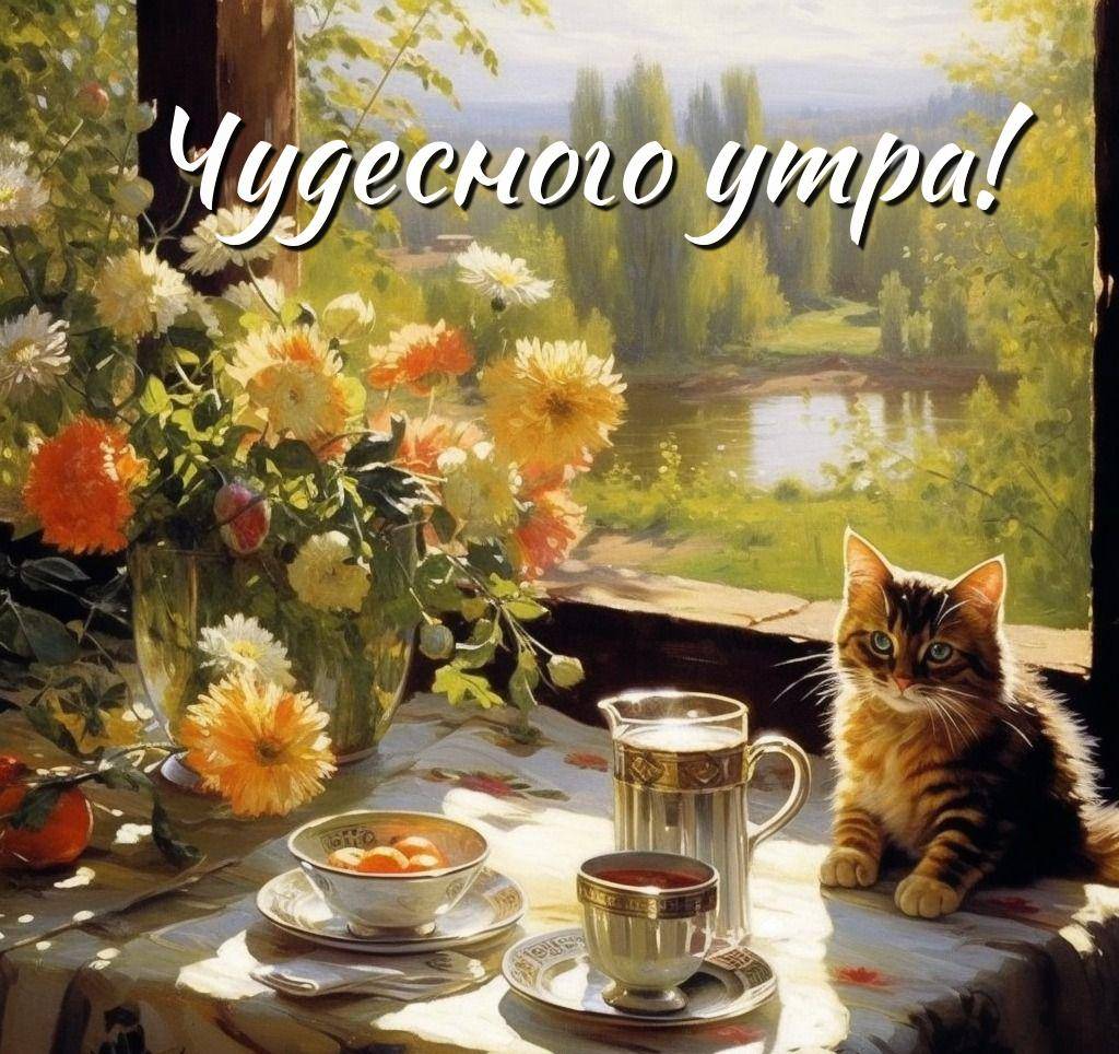 Уютная сцена у окна с котом, чайной чашкой и цветами