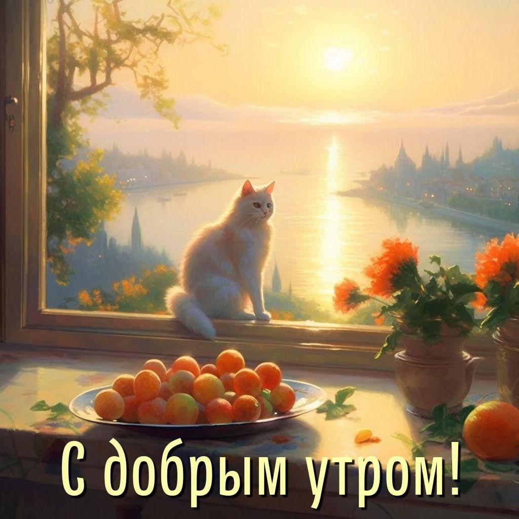 Уютный интерьер с белым котом и фруктами