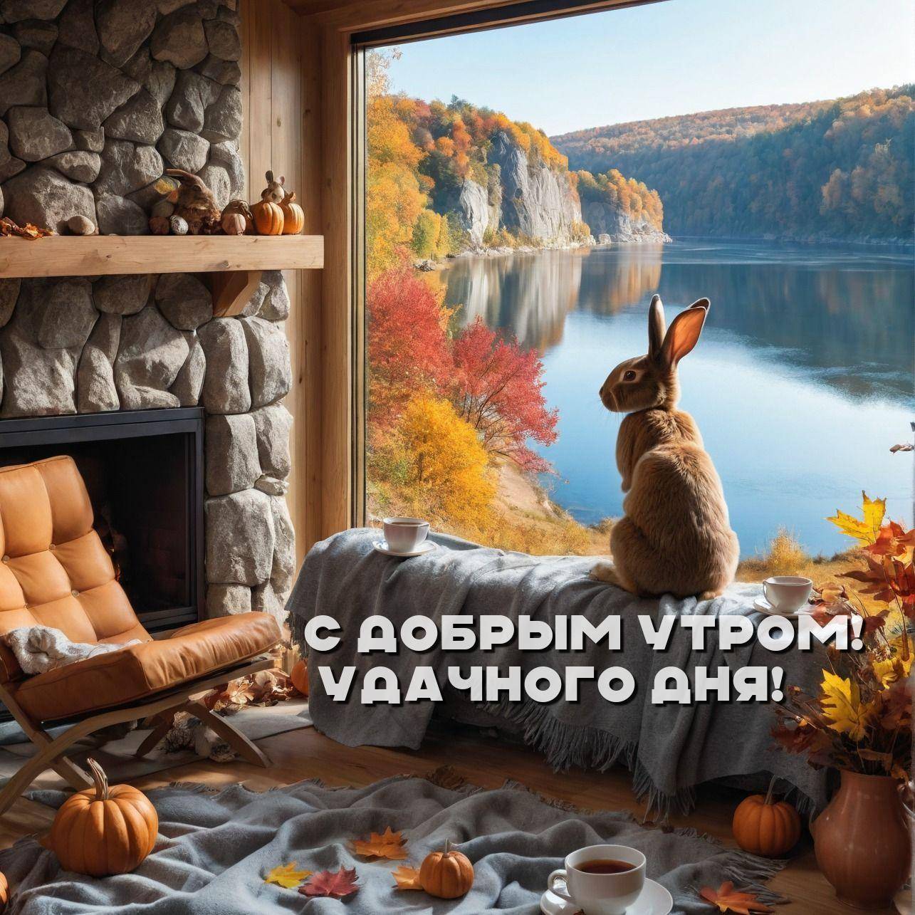 Уютный интерьер с камином, кроликом и осенним лесом за окном