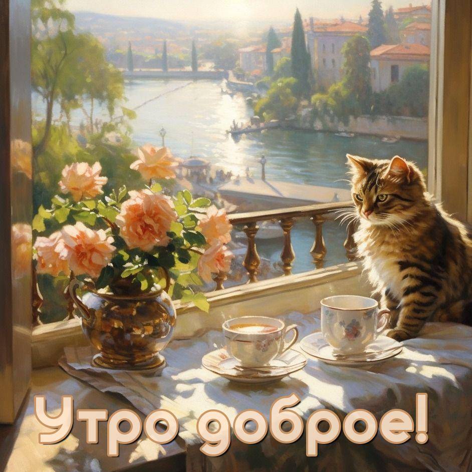 Уютный интерьер с котом и розами на подоконнике