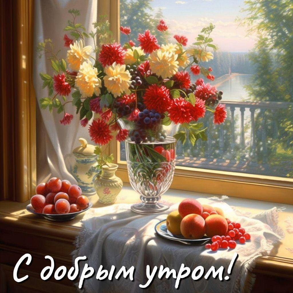 Уютный интерьер с цветами и фруктами