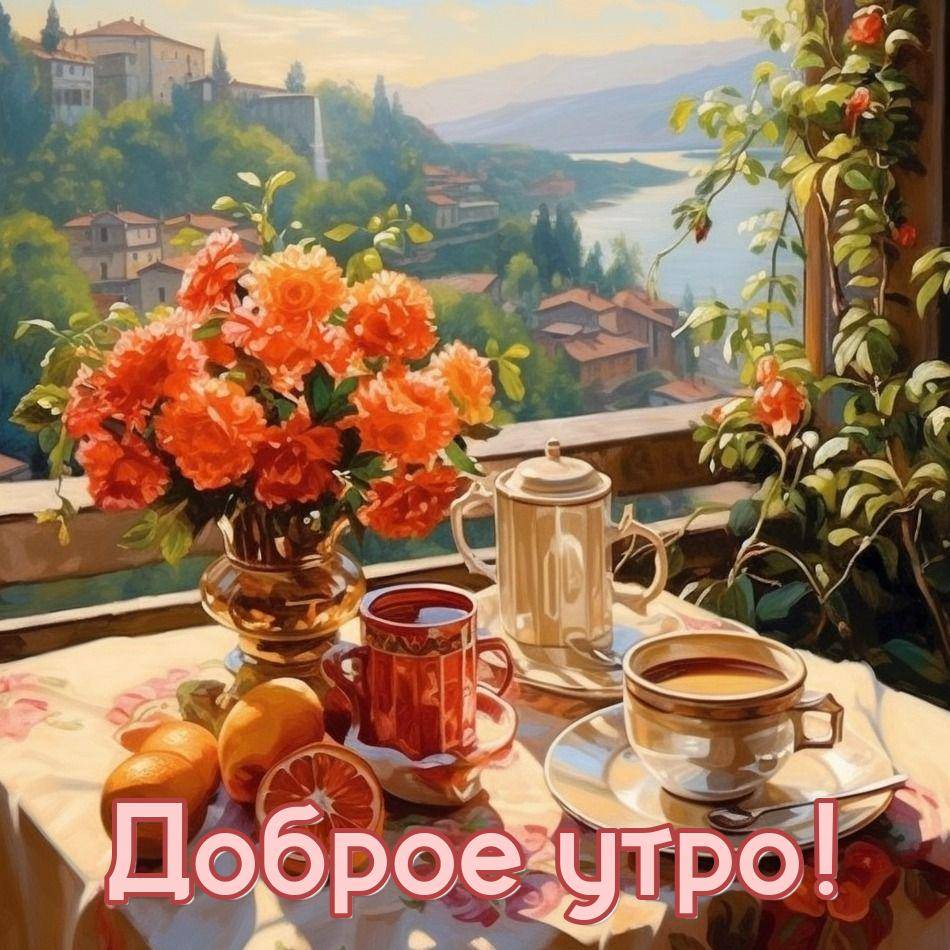 Уютный натюрморт на балконе с цветами и фруктами