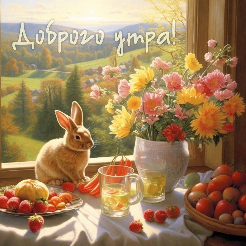 Уютный натюрморт с кроликом, цветами и фруктами.