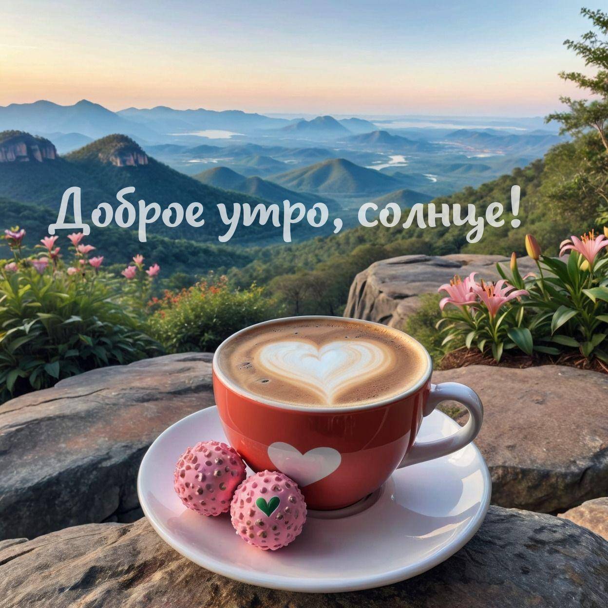 Уютный пейзаж с горами, цветами и кофе