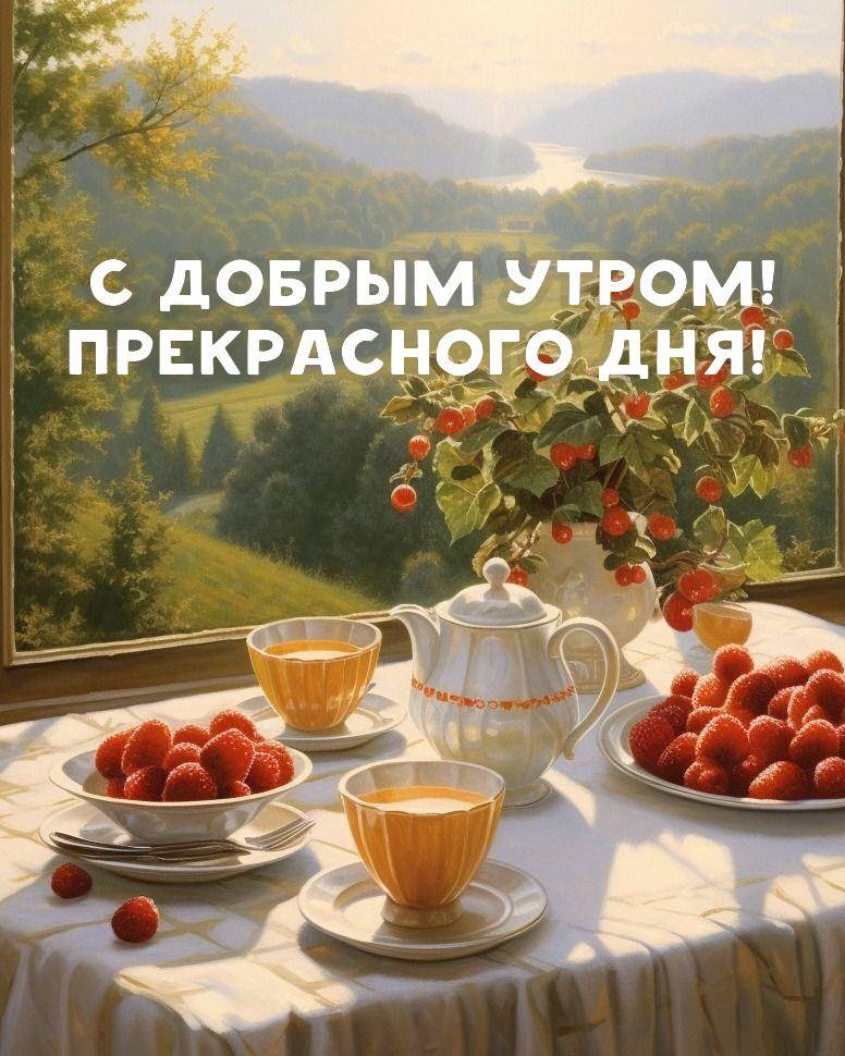 Уютный стол с чаем и малиной на фоне природы