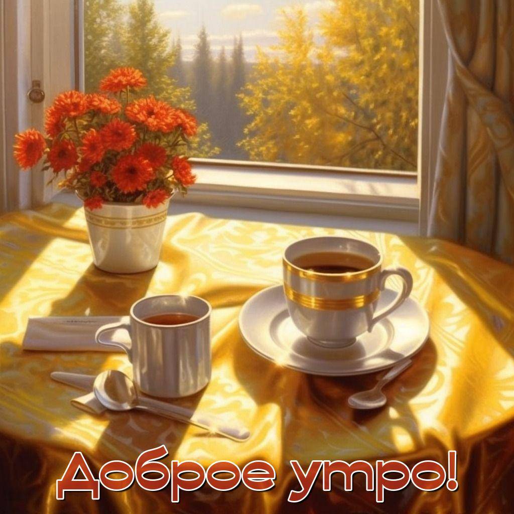 Уютный стол с чашками и цветами на фоне осени