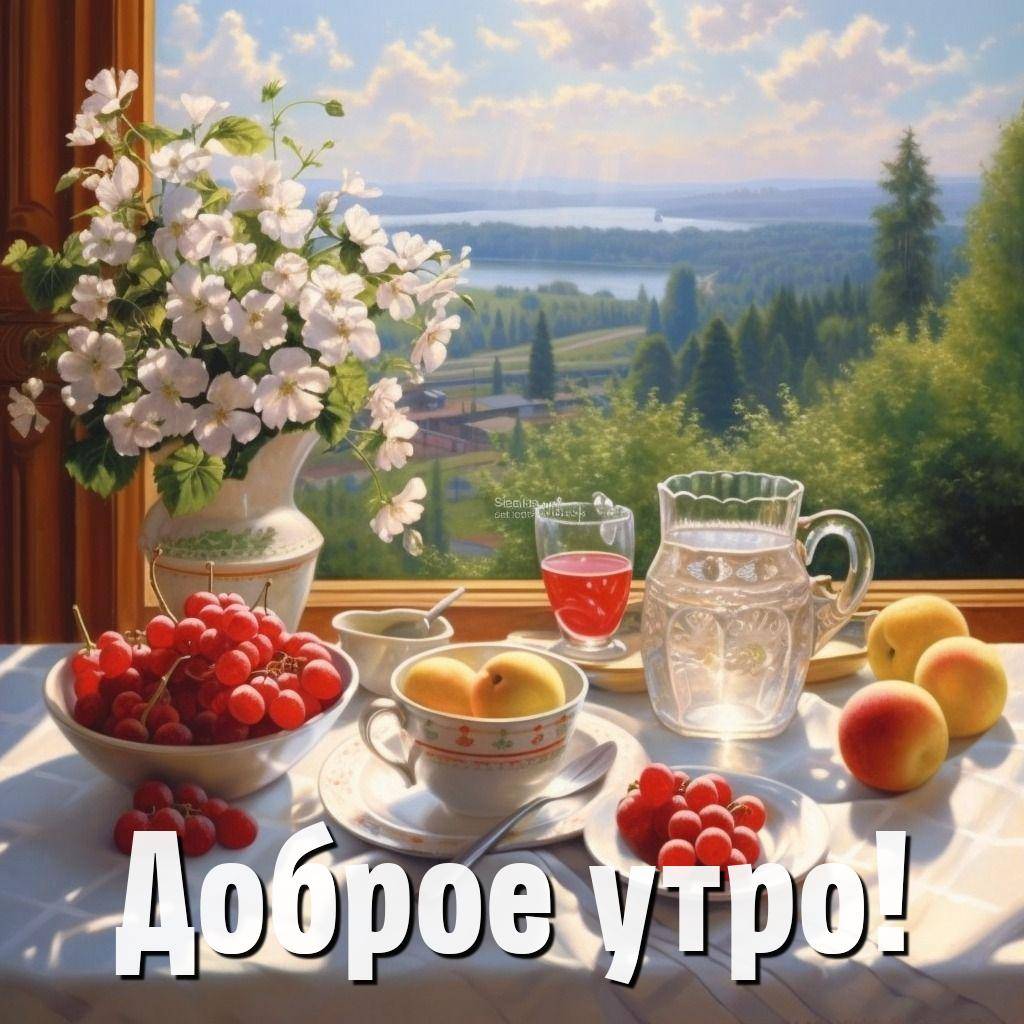 Уютный стол с фруктами и цветами