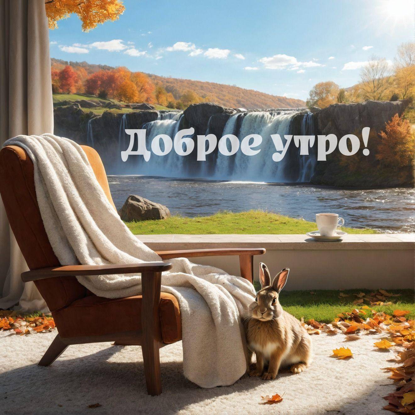 Уютный уголок на свежем воздухе с кроликом, креслом и пейзажем