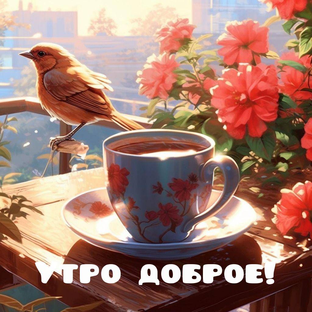 Уютный уголок с чашкой кофе, птицей и цветами