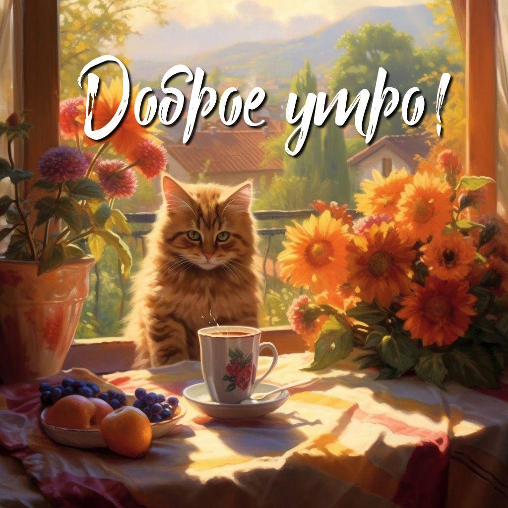 Уютный уголок с кошкой, цветами и чаем