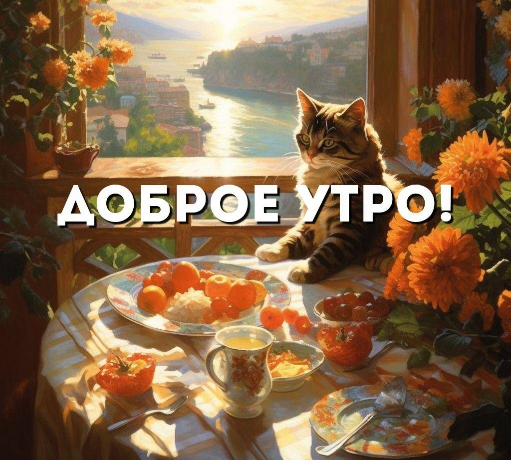 Уютный завтрак и задумчивый кот