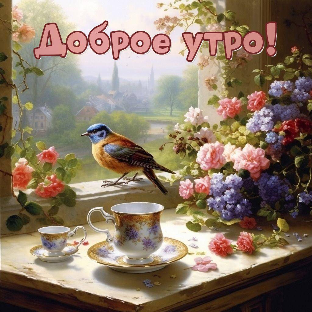 Уютное окно с чашками и птичкой
