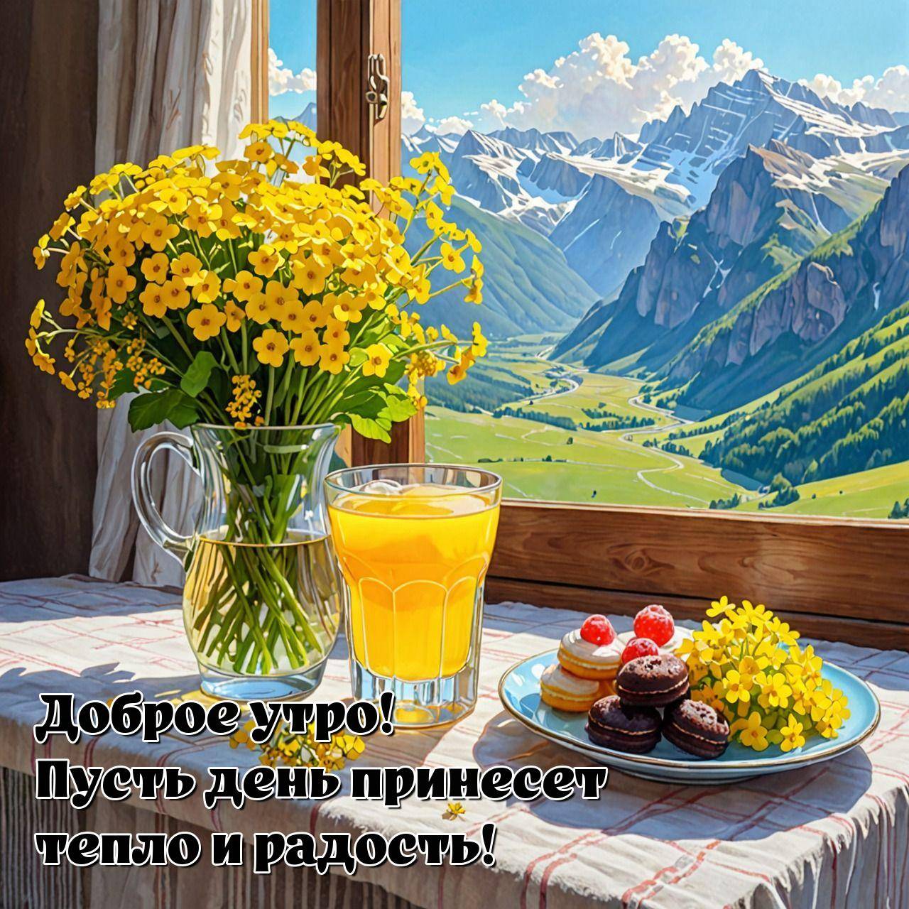 Уютное окно с горным пейзажем и десертами на подоконнике