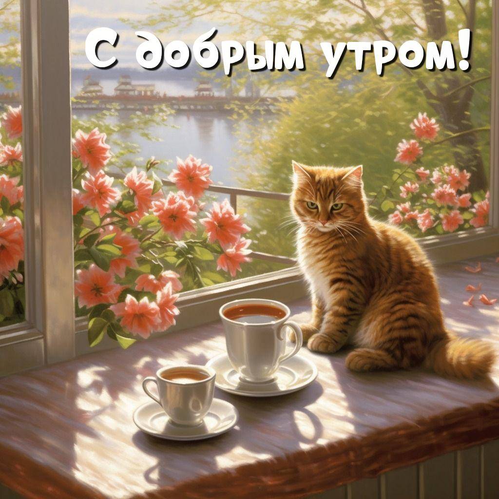 Уютное окно с цветами, кофе и рыжим котом