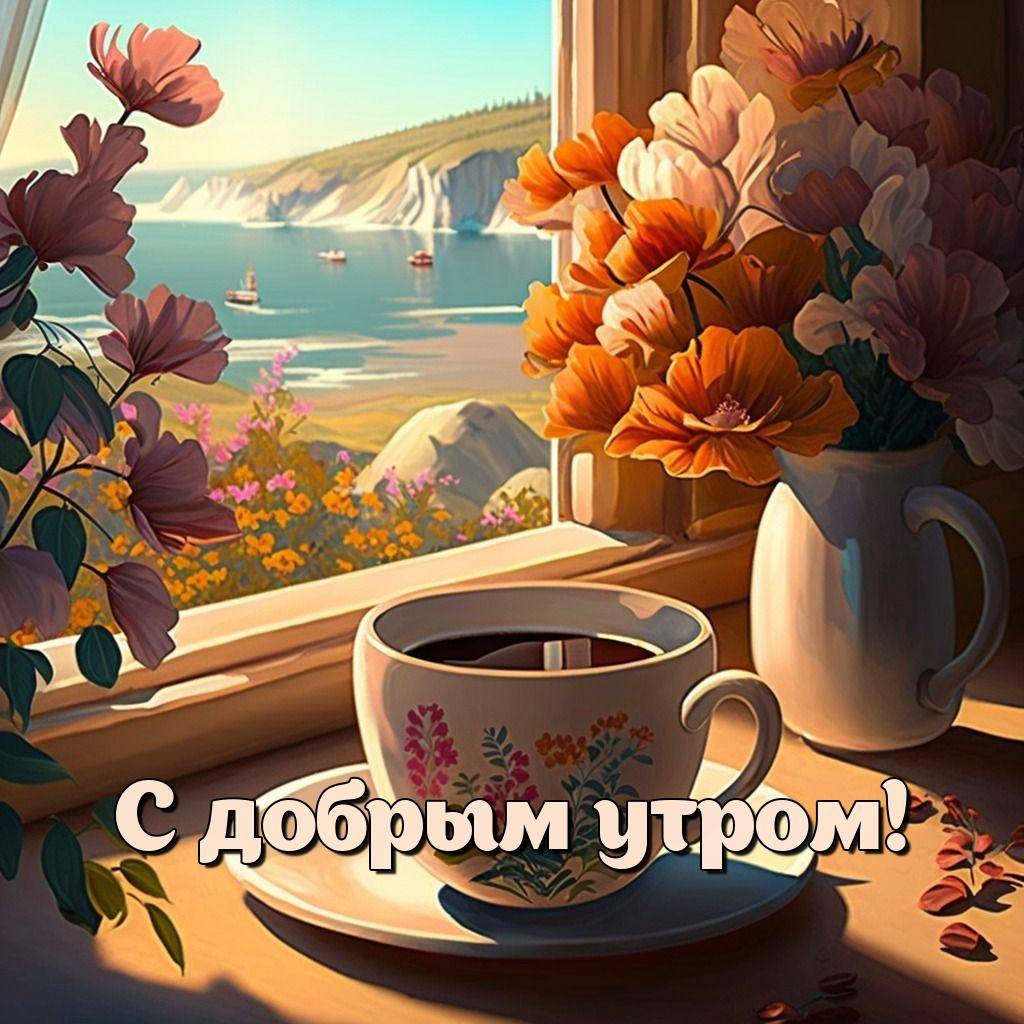 Уютное окно с видом на море и цветами