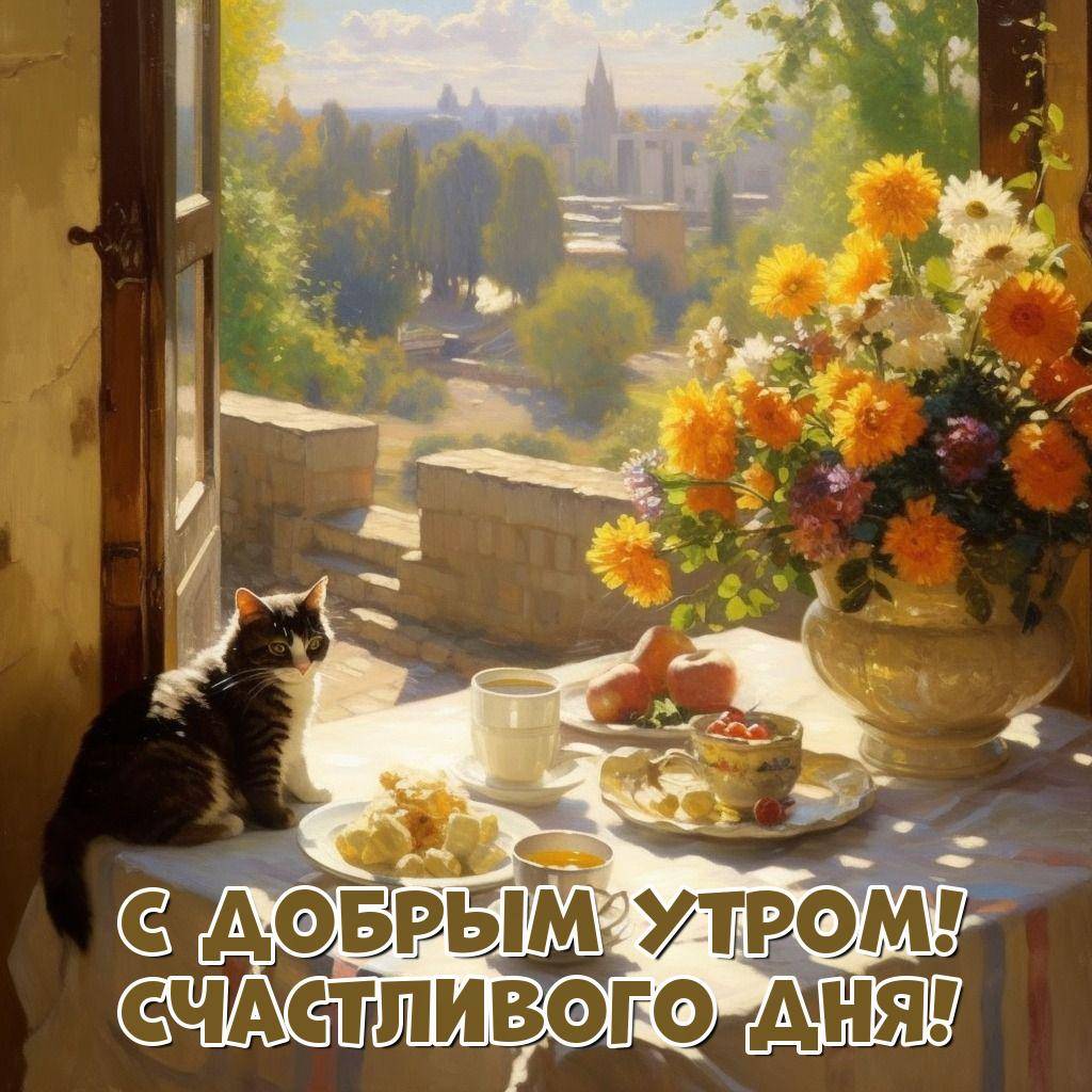 Уютное утро с чаем, котом и цветами