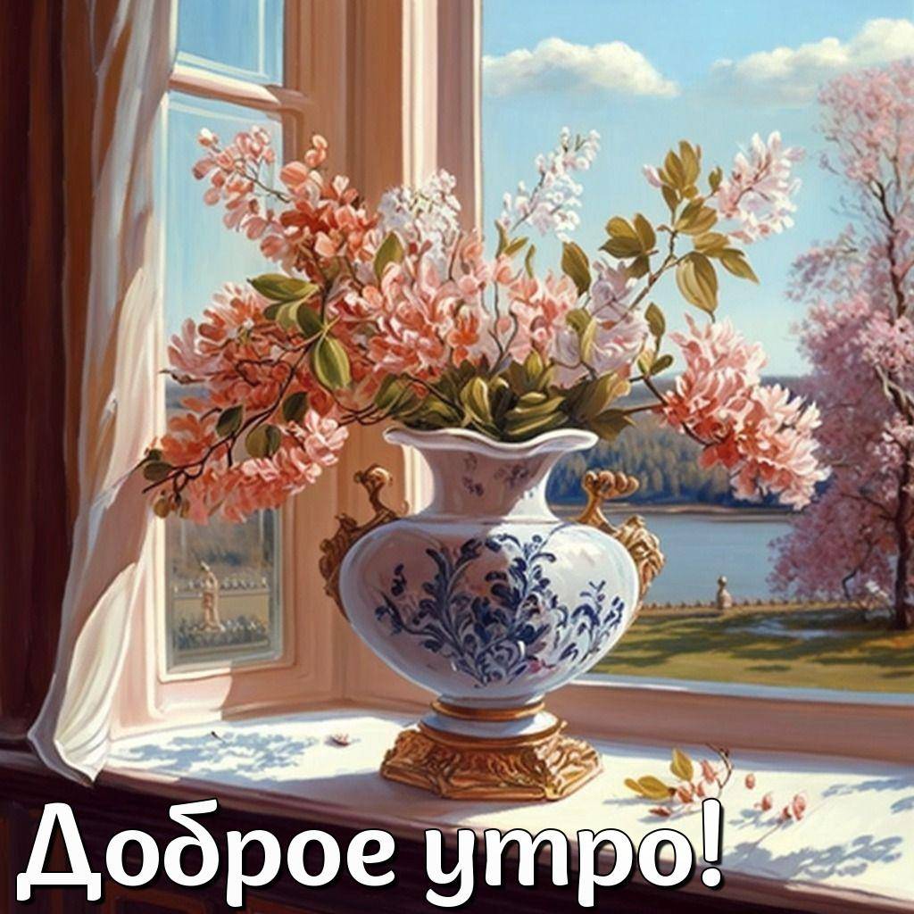 Ваза с цветами на окне, за которым виден пейзаж