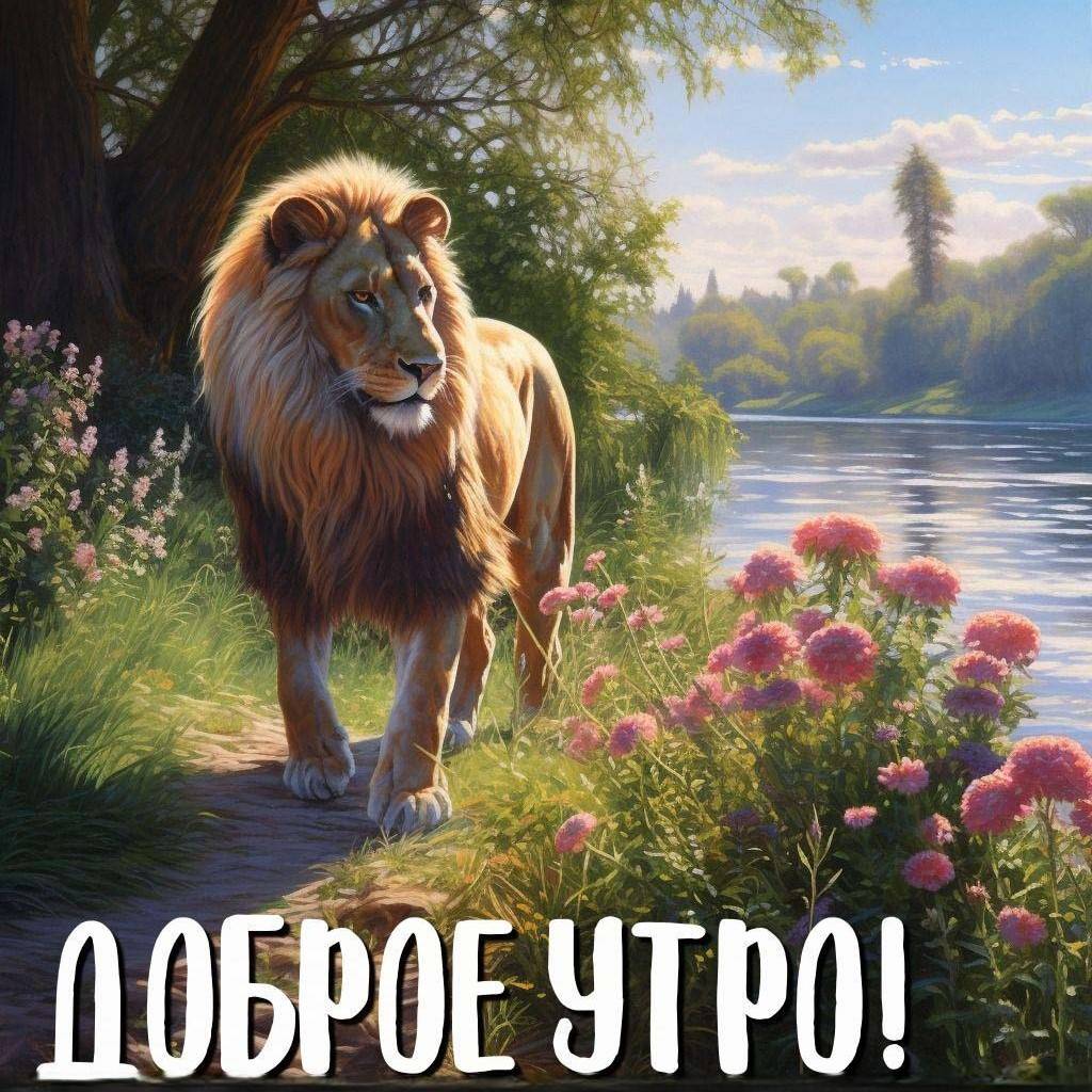 Величественный лев идет по тропинке рядом с рекой