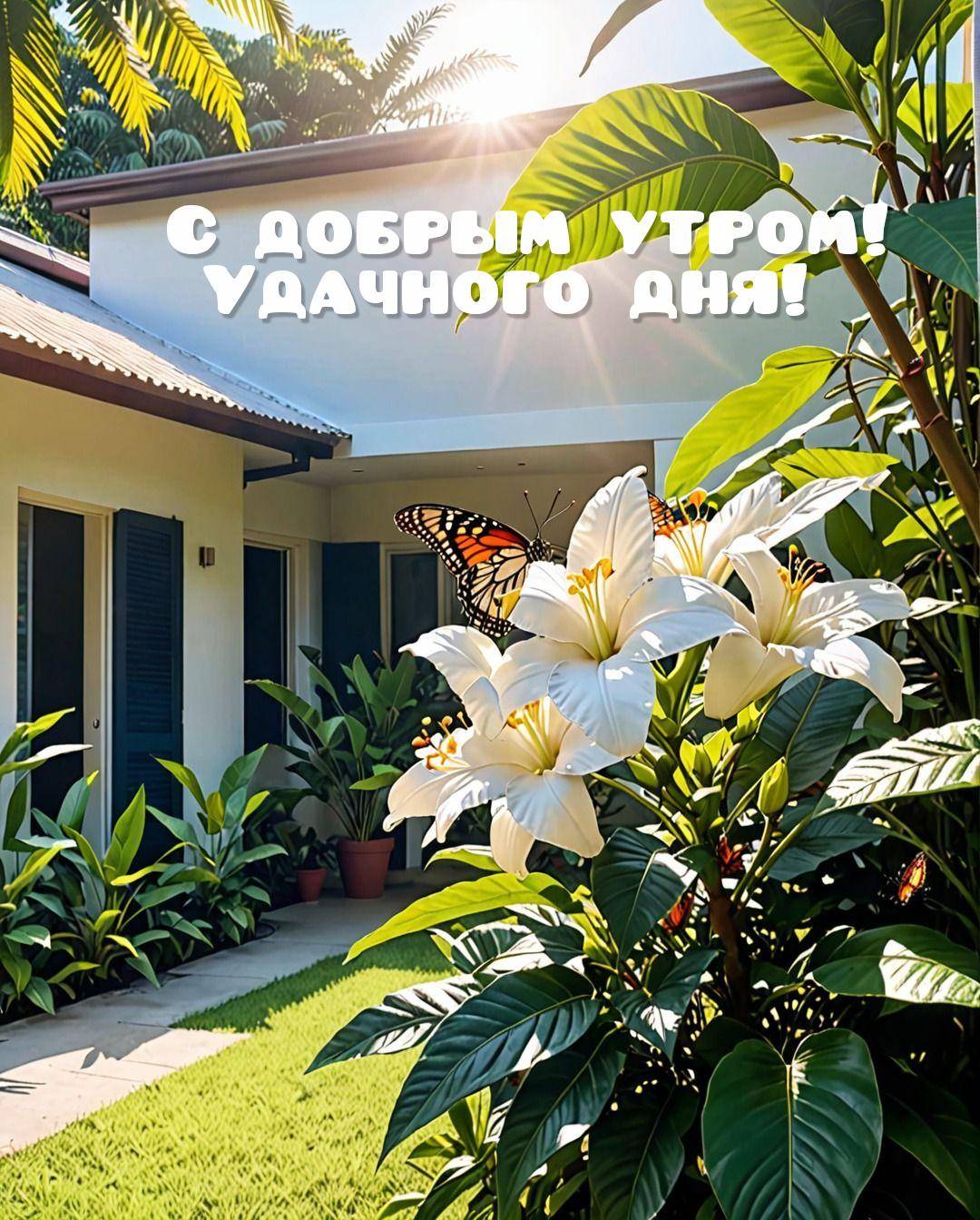 Великолепный сад с белыми цветами и бабочками