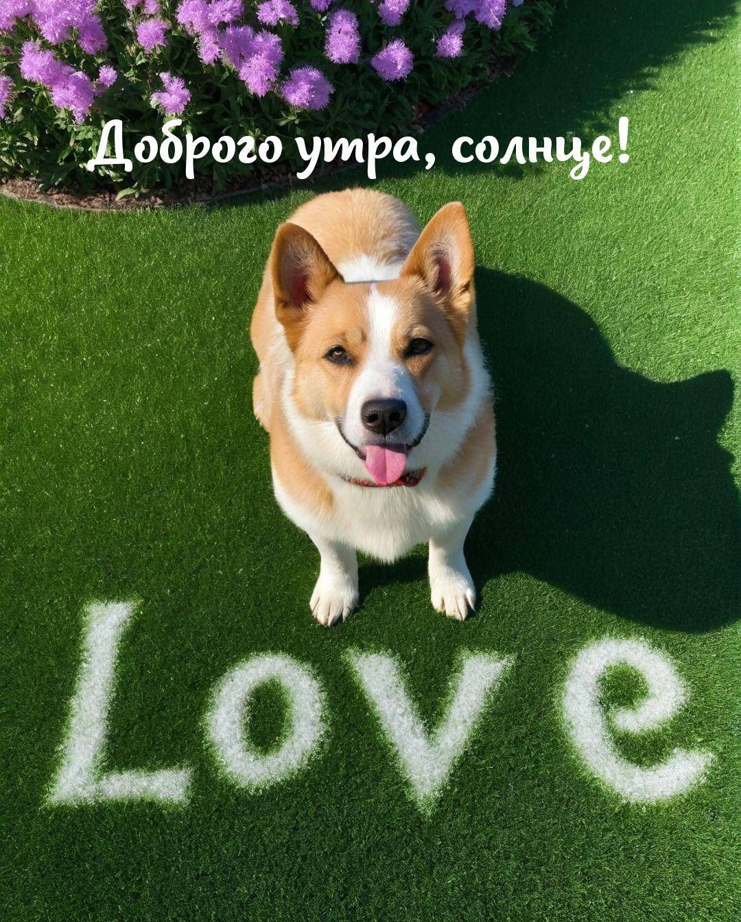 Веселая собака корги на зеленом газоне с цветами