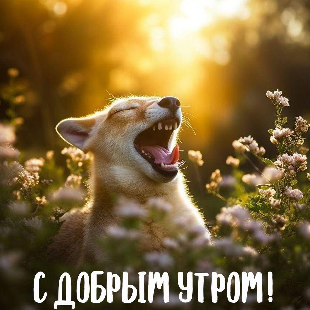 Веселый корги среди цветов под солнцем