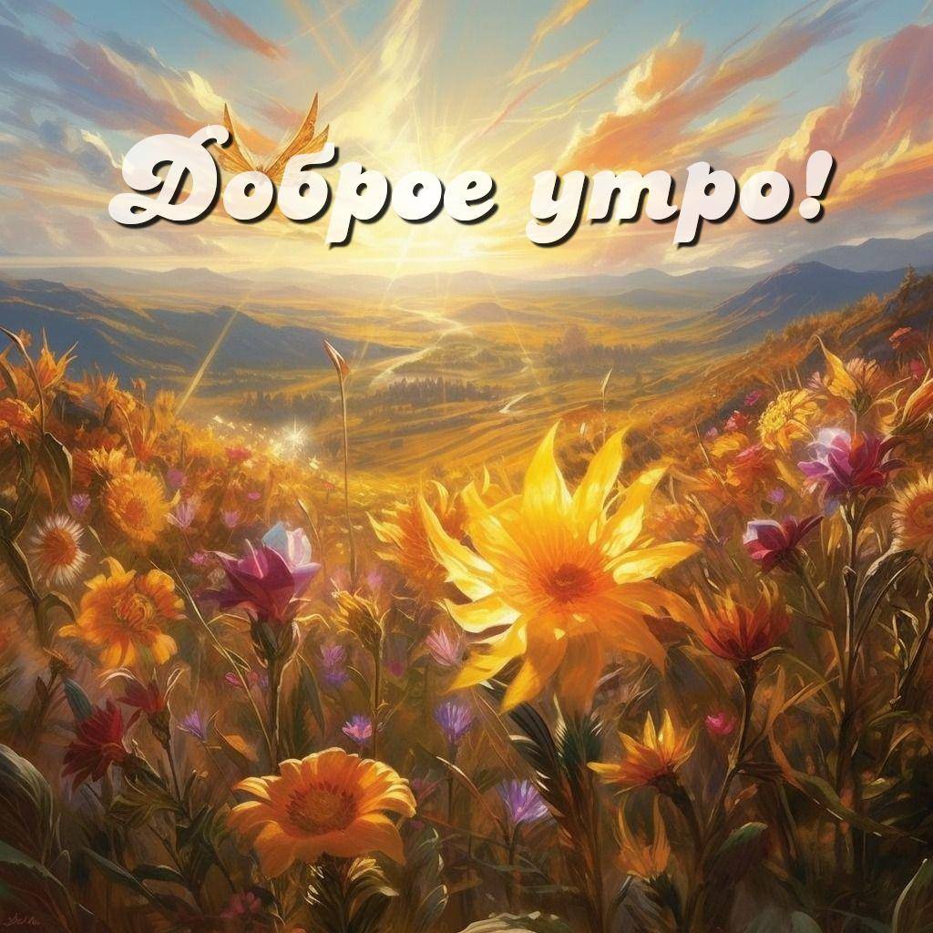 Весеннее утро в цветочном поле с яркими цветами
