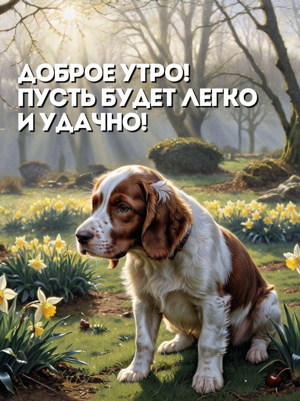 Весенний лес с нарциссами и собакой