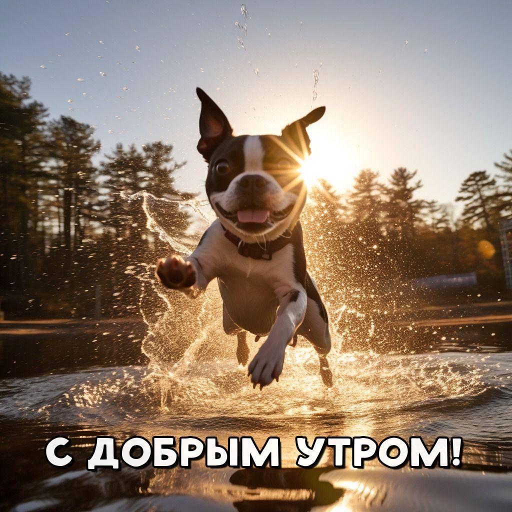 Весёлый собака прыгает в воду на фоне солнца